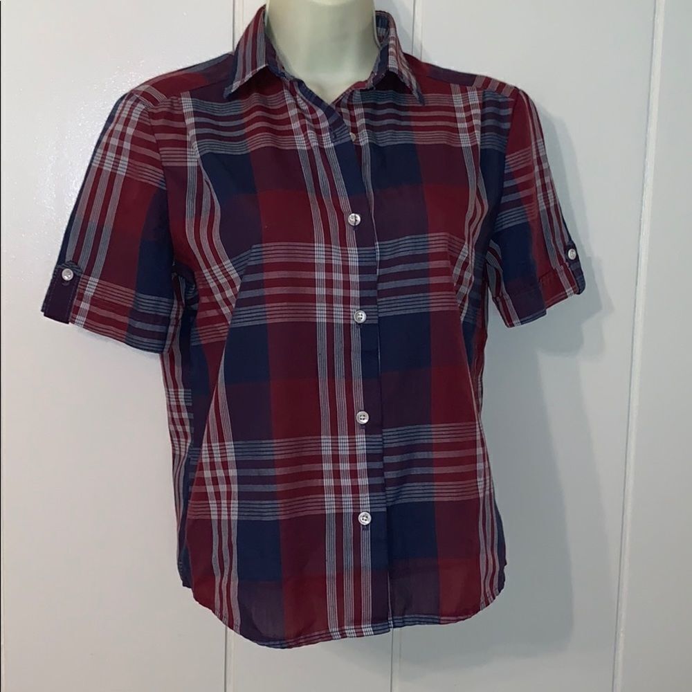 Vtg 80s Russ Petites blue & red plaid shirt‎